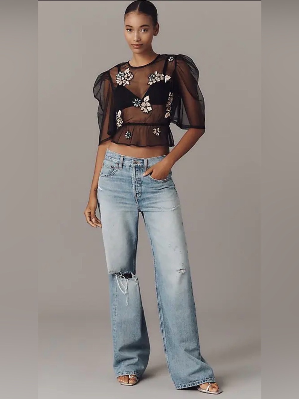 By Anthropologie Sheer Black Embellished Top Sequin Floral Appliqué S